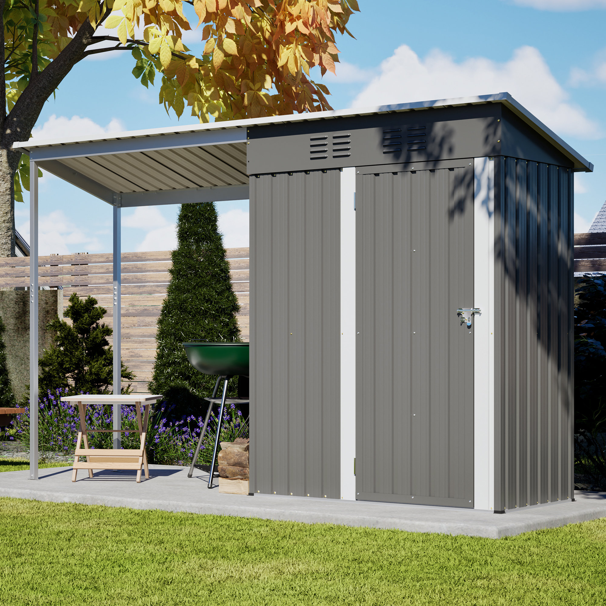 afoxsos 5x3 ft Galvanized Steel Lean To Shed With Open Pergola For Tool